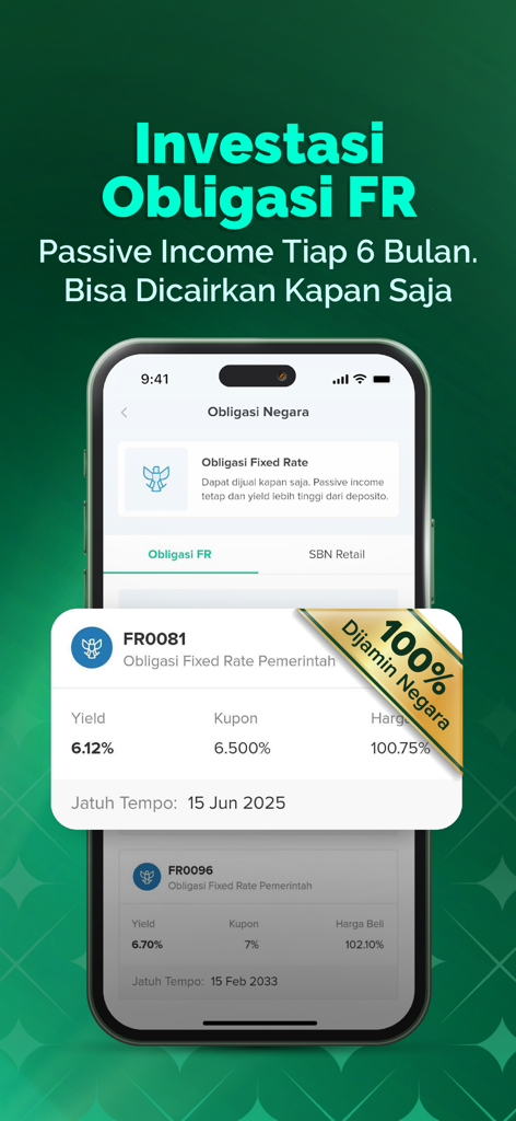 Bibit app interface showing Indonesian government bond investment options with state guarantee