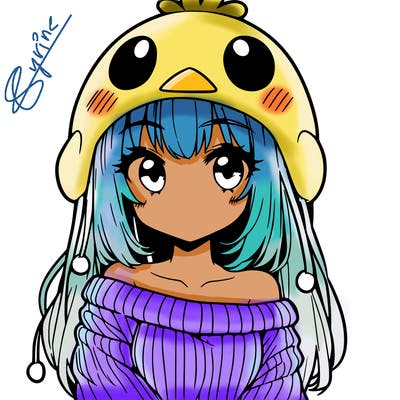 anime girl with chick shaped hat with sweater with bare shoulders with bangs covering them one eye with low tail