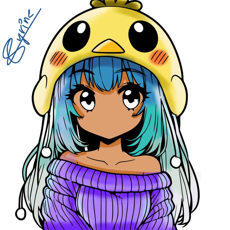 anime girl with chick shaped hat with sweater with bare shoulders with bangs covering them one eye with low tail
