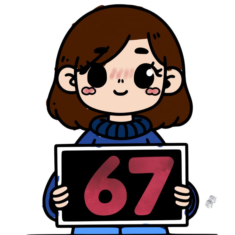 a girl holding a sign that says 67