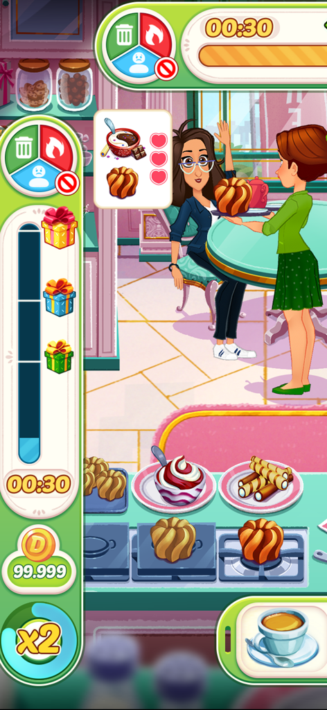 Ein Koch serviert Kuchen und Desserts an einen Kunden in einem lebhaften, handgezeichneten Café in Delicious World.