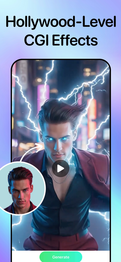 NoX Effect: AI Video Generator - Hollywood level CGI lightning effects on a man in the NoX Effect app