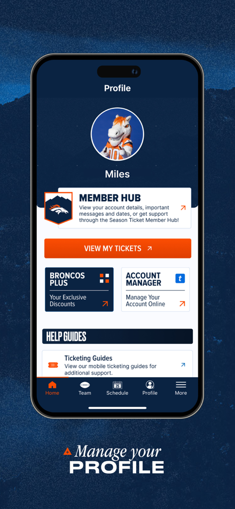 Denver Broncos - User profile interface of the Denver Broncos app featuring member hub and mobile ticketing access