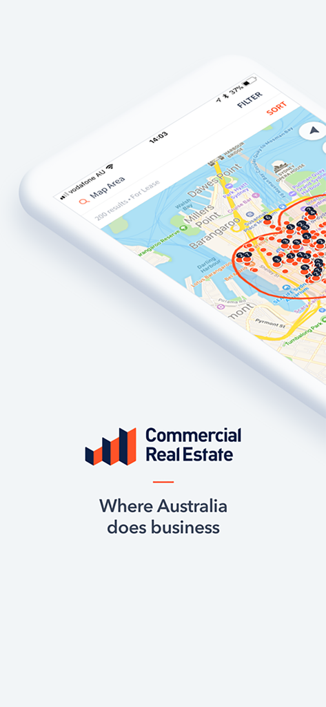 Commercial Real Estate app showing a map search of Sydney with pins and a custom traced area for property listings.