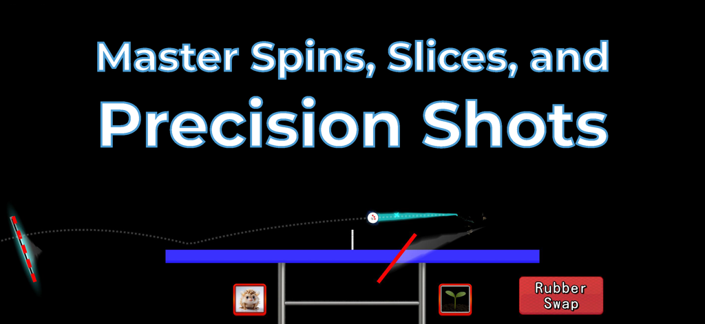 Ping Pong X: Realistic 2D Game - Ping Pong X gameplay screen showing a ball trajectory and the text Master Spins Slices and Precision Shots