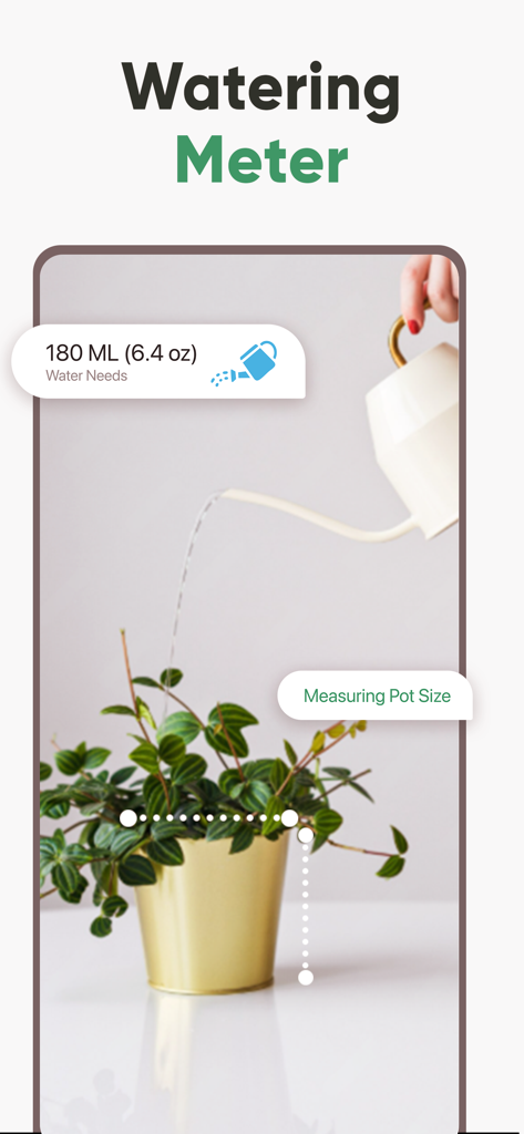 Plant ID: Plant Identifier AI - Screenshot einer mobilen App, die das Wassermessgerät zur Berechnung der genauen Wassermenge für eine Zimmerpflanze zeigt.