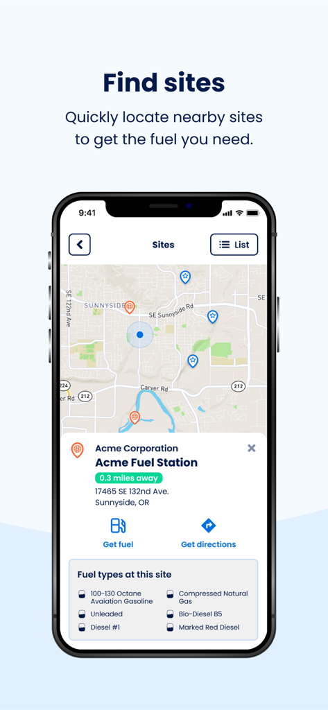 FuelCloud app map interface showing nearby commercial fuel stations and available fuel types