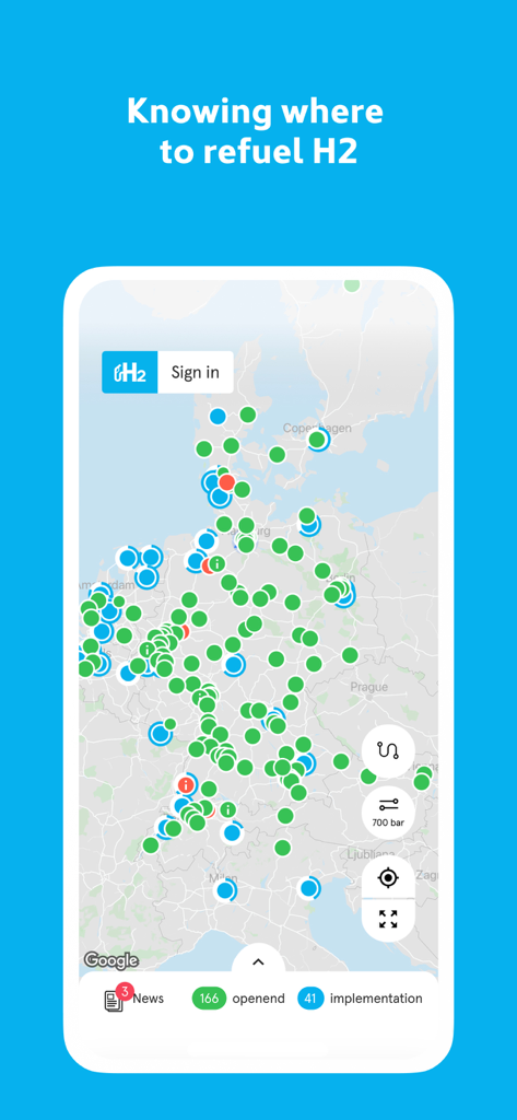 H2.LIVE - H2.LIVE App-Oberfläche zeigt eine Karte von Wasserstofftankstellen in Deutschland und Europa
