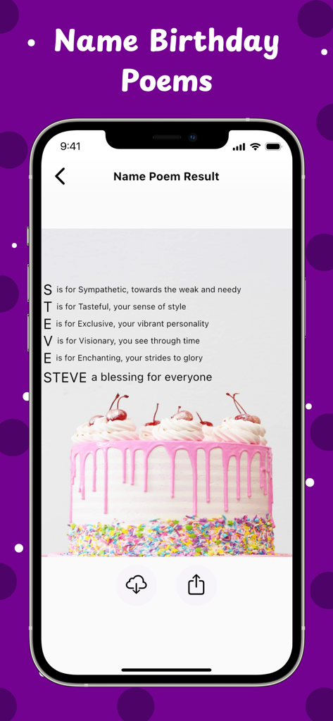 Birthday Wishes, Text Messages - Un poema acróstico con el nombre Steve en una tarjeta de felicitación de cumpleaños con un pastel rosa.