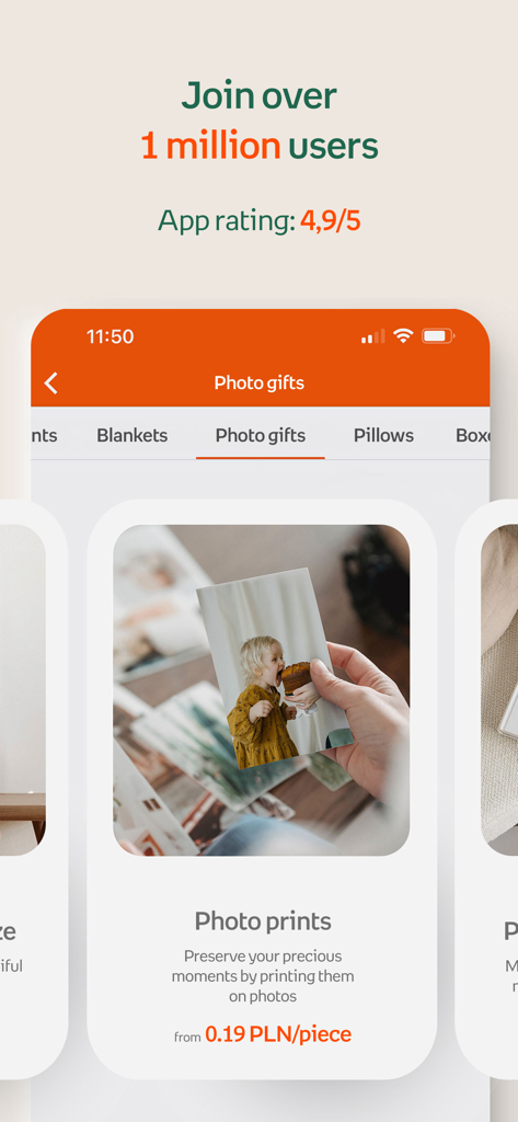 Capture d'écran de l'interface de l'application mobile Empik Foto, mettant en évidence plus d'un million d'utilisateurs et une note élevée, ainsi que les options d'impression photo