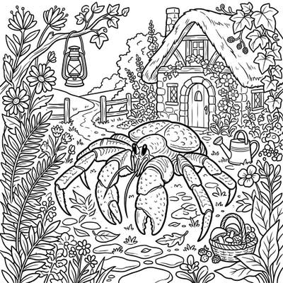 Embark on a delightful coloring journey with this unique Coconut Crab, beautifully illustrated in a charming Cottagecore setting. This page combines the wonder of nature with rustic elegance, inviting you to add your vibrant touch.