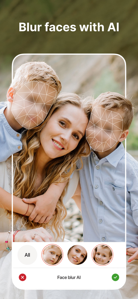Censor: Face Blur & Pixelate - A mobile app interface using AI to detect and blur children faces in a family photo for privacy