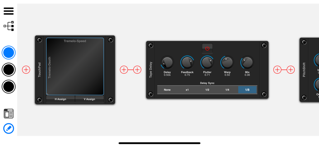 NuRack Auv3 FX Processor - NuRack app interface showing modular audio effects including Tape Delay and TouchPad