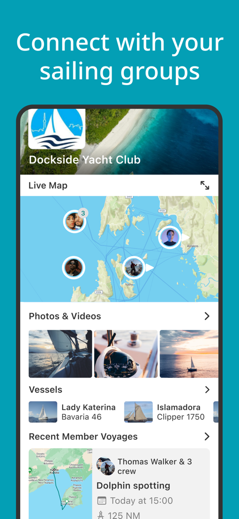 SailTies app screenshot showing yacht club group features with a live map for tracking members at sea