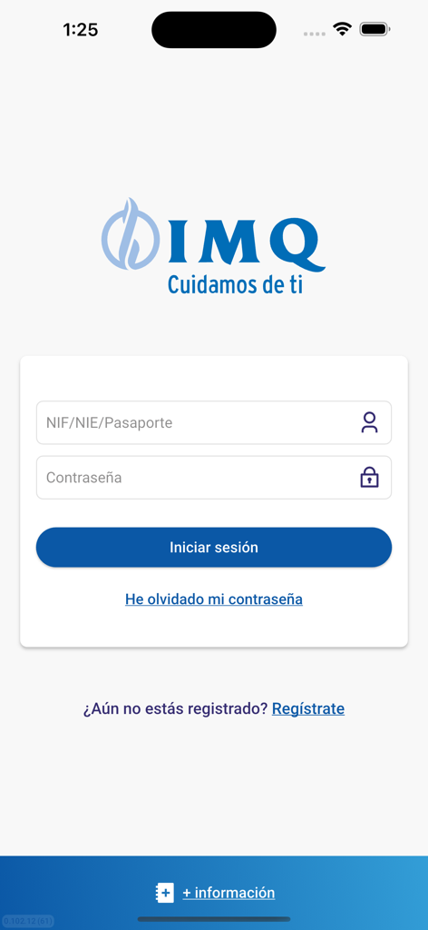 Login screen of the IMQ health insurance app with fields for user identification and password