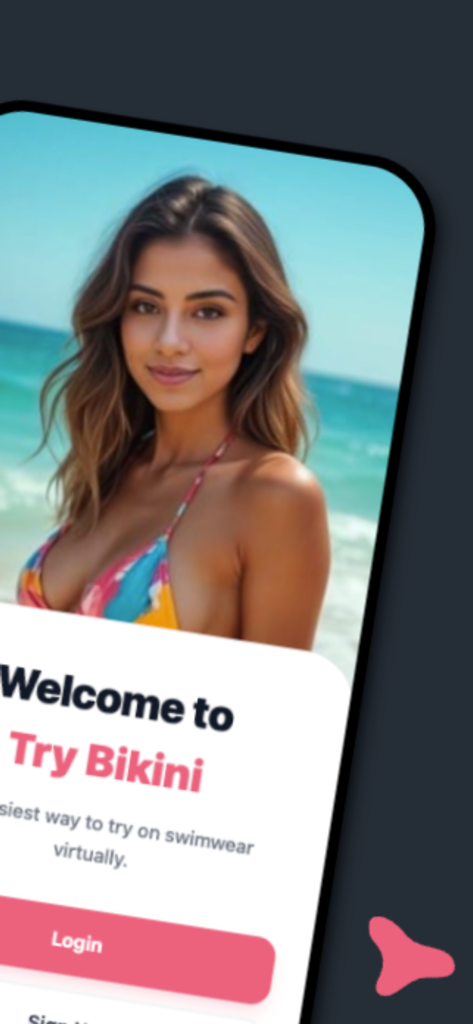 Try Bikini:AI Outfit Changer - Try Bikini app welcome screen showing a woman in swimwear with a login button