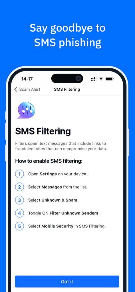 Bitdefender Mobile Security - フィッシング対策のためのSMSフィルタリングを有効にするBitdefenderモバイルセキュリティアプリの指示