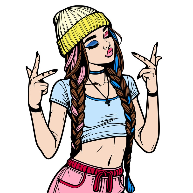 realistic teenage girl with braids and a beanie and crop top doing 🫶🏼