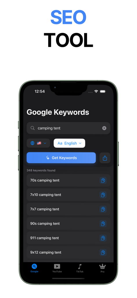 SEO Keyword Research Tool - キャンプ用テントのGoogleキーワード調査結果を表示するモバイルアプリのインターフェース