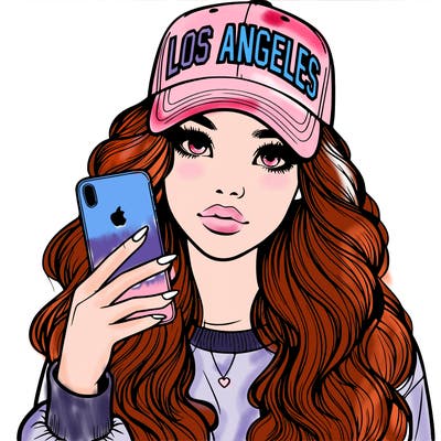 realistic beautiful girl wearing los ángeles cap holding an iphone