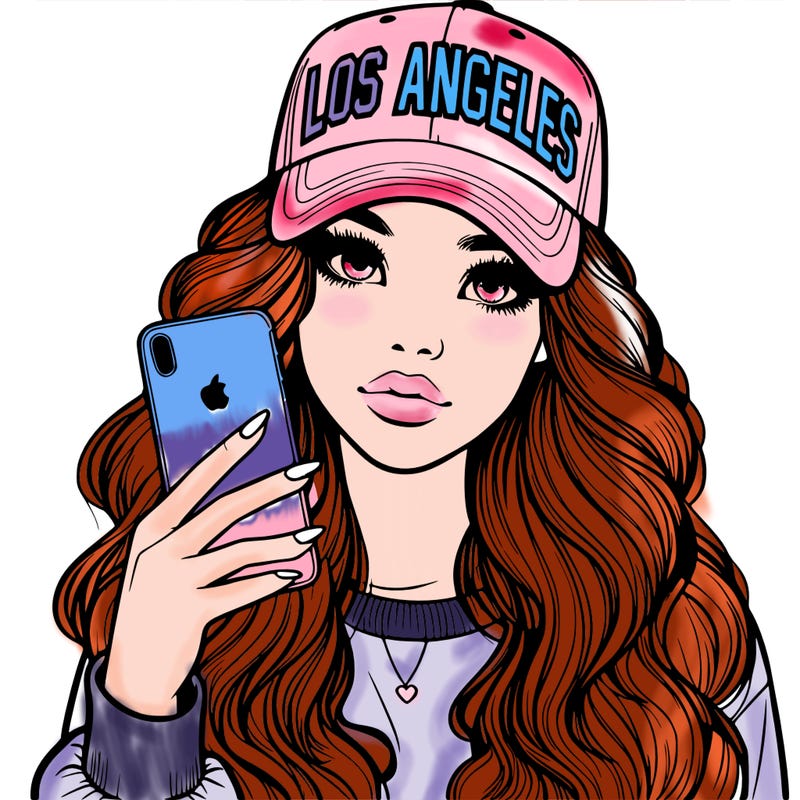 realistic beautiful girl wearing los ángeles cap holding an iphone