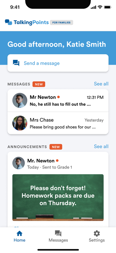 The home screen of the TalkingPoints Families app showing messages from teachers and school announcements.