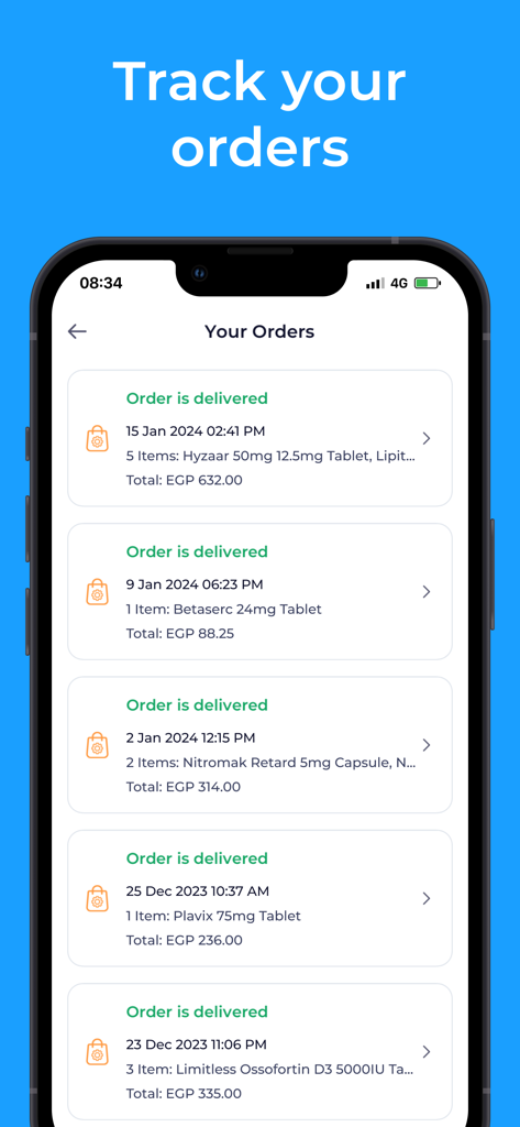 A list of past medication orders on the Yodawy app showing delivery status and purchase details