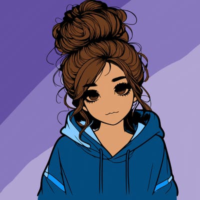 realistic girl with a massy bun and a hoodie