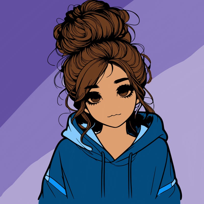 realistic girl with a massy bun and a hoodie