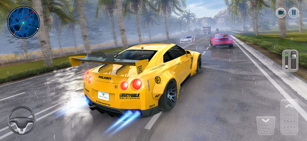 Crazy Driving - Street Race - A yellow sports car driving on a rainy tropical road in Crazy Driving Street Race