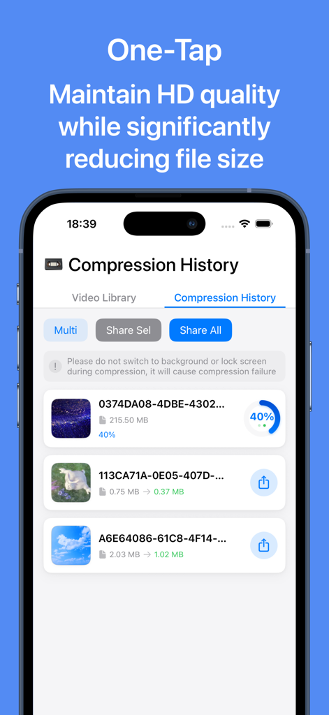 Video Compress - Supports HEVC - Compression history screen showing video file size reduction progress on an iPhone