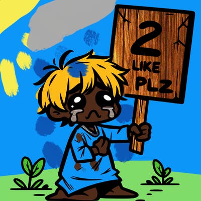 small poor toddler crying with sign that says 2 like plz