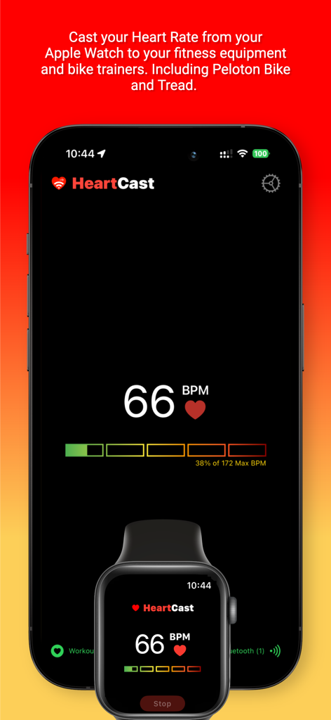 HeartCast app interface showing real time heart rate data synced between iPhone and Apple Watch