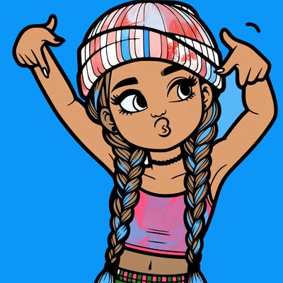 realistic teenage girl with braids and a beanie and crop top doing 🫶🏼