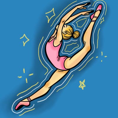 gymnast doing a leap in a leotard with a bent back leg