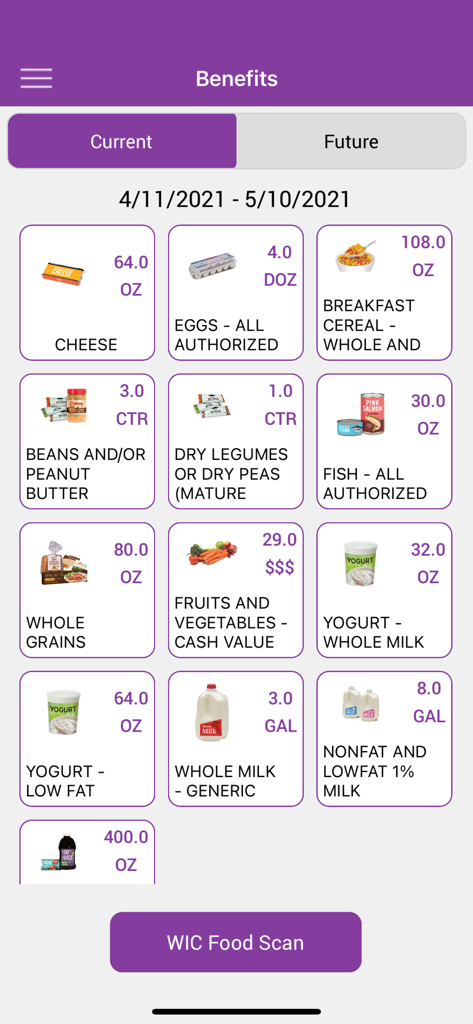 A screenshot of the California WIC App showing current food benefits and remaining balances for items like milk eggs and cheese.