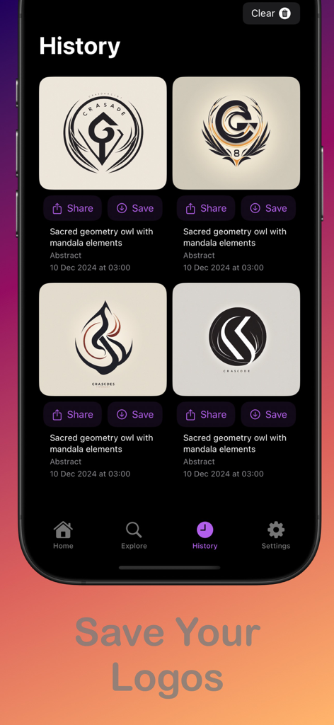Vise AI - AI Logo Maker - Vise AI app interface showing a history of generated logos with options to save and share