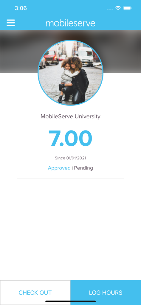 MobileServe App-Dashboard, das verfolgte Service-Stunden und Optionen zum Protokollieren neuer Stunden anzeigt