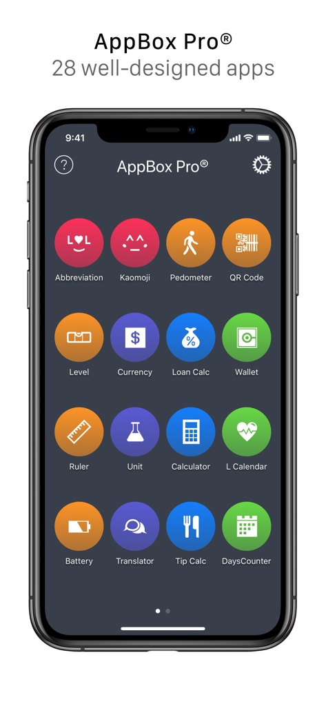 AppBox Pro - Interfaccia principale di AppBox Pro che mostra una griglia di icone colorate per vari strumenti di utilità come un contapassi, un righello e un convertitore di valuta su un iPhone.