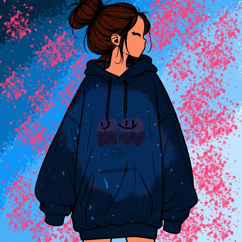 realistic girl with a oversized sweatshirt on and a bun