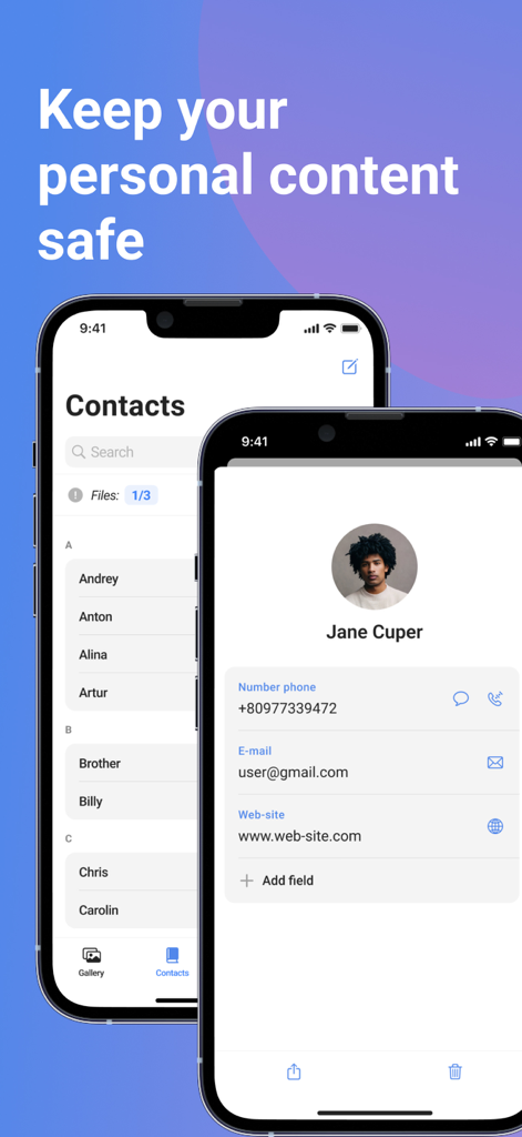 Secret Calculator, Photo Vault - Interface of the Secret Calculator app showing a list of private contacts and detailed contact information.