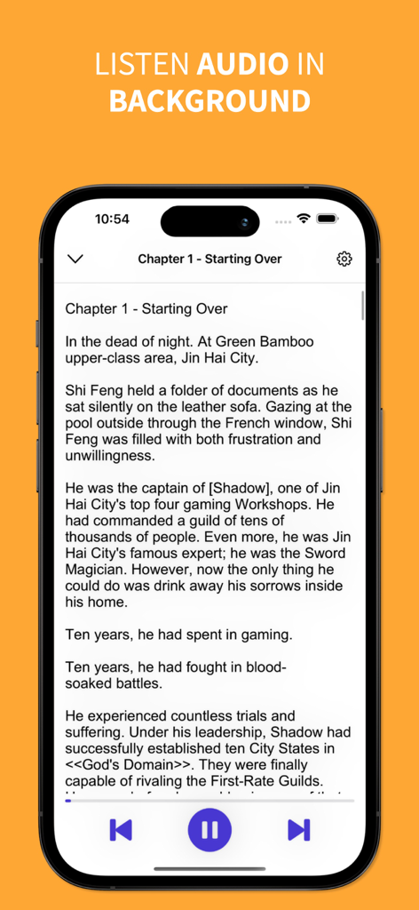 NovelFull app interface showing a web novel chapter with background audio playback controls