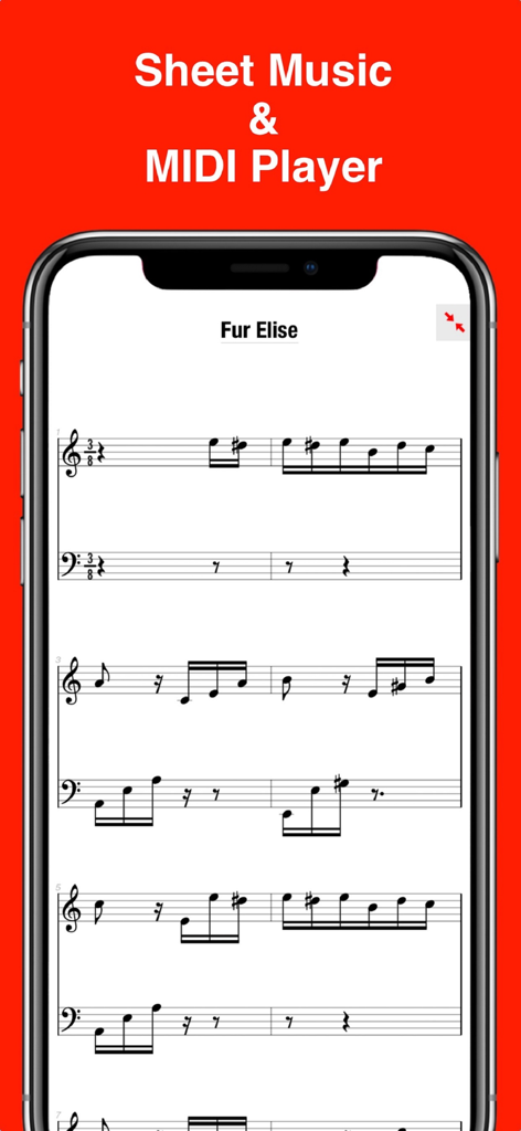 Smartphone screen showing the MIDI Score app with sheet music for Fur Elise