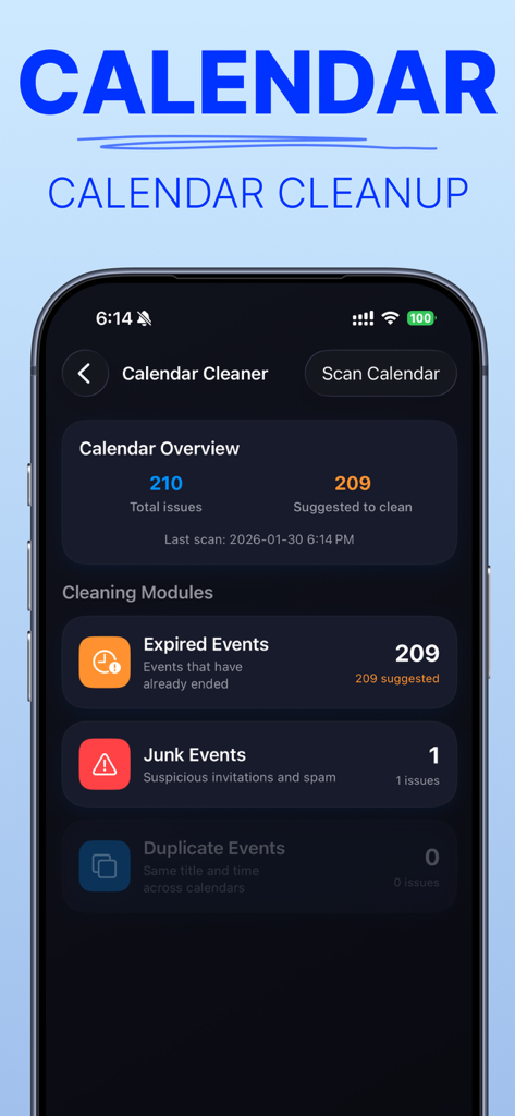 ClearMind:Photo Boost Cleaner - Interfaz de la app ClearMind mostrando la herramienta de limpieza de calendario con categorías de eventos caducados y no deseados
