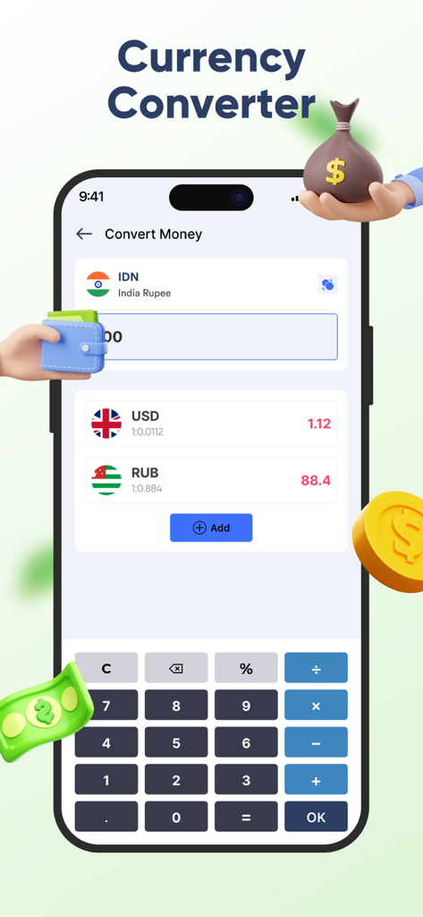 Money Tracker: Budget Manager - Schermata del convertitore di valuta dell'app Money Tracker che mostra i tassi di cambio per USD e RUB con una tastierino numerico