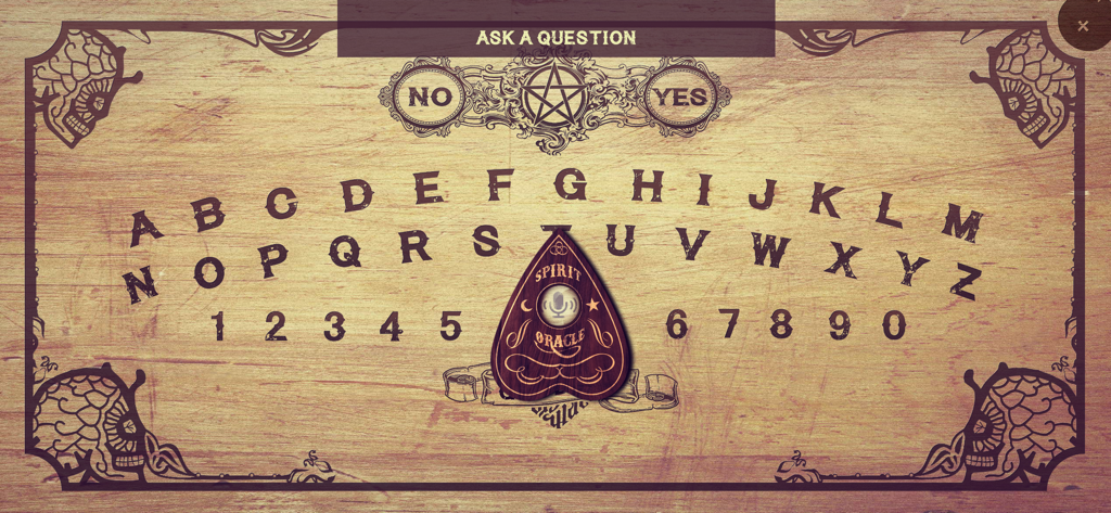 A digital spirit board interface with a wooden planchette and alphabet on a wooden background