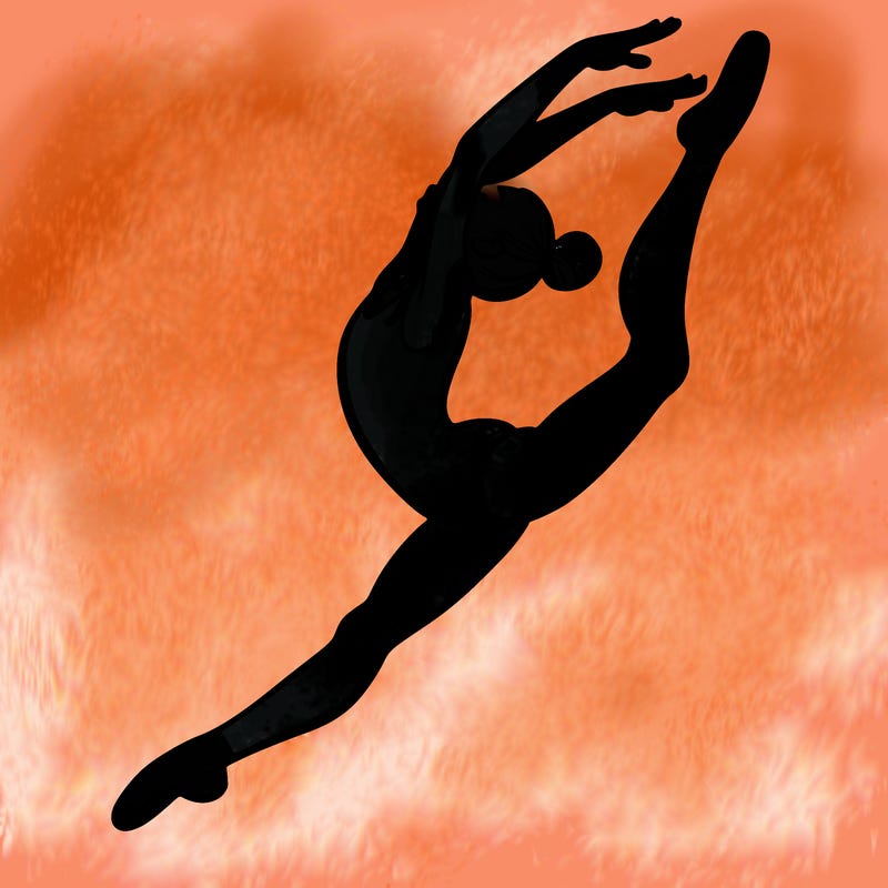 gymnast doing a leap in a leotard with a bent back leg