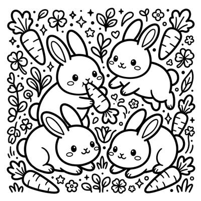 Get ready for an overload of cuteness with our Kawaii Farm Rabbits coloring page! This delightful scene features four adorable bunnies nestled among stylized carrots, clovers, and sparkling stars, perfect for a joyful coloring experience.