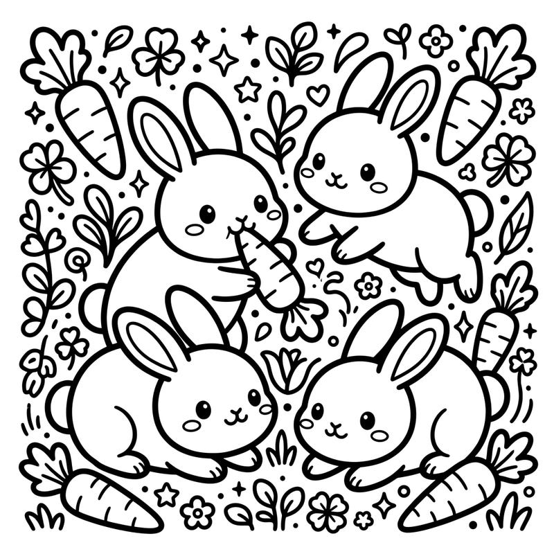 Get ready for an overload of cuteness with our Kawaii Farm Rabbits coloring page! This delightful scene features four adorable bunnies nestled among stylized carrots, clovers, and sparkling stars, perfect for a joyful coloring experience.