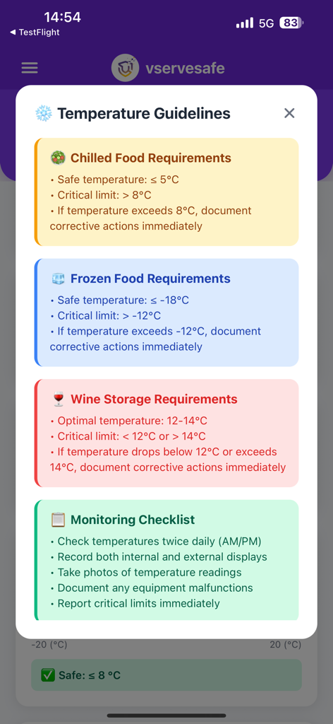 Vservesafe App-Bildschirm mit Temperaturrichtlinien für gekühlte Lebensmittel, gefrorene Lebensmittel und Weinlagerung